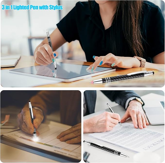 Glovion Lighted Tip Pen with Stylus 3-in-1 - LED Penlight Light Up Pen Light Ballpoint Pen with Light for Writing in The Dark - Pack of 3 - Blue Light - GL006