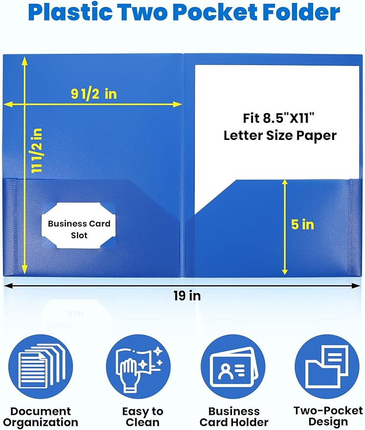 SUNEE 2 Pocket Folders (12 Pack, Blue) Heavy-Duty Plastic Folders with Pockets, Fit 8.5x11 Letter Size Paper, 2-Pocket File Folders for Kids, Home, School, Office