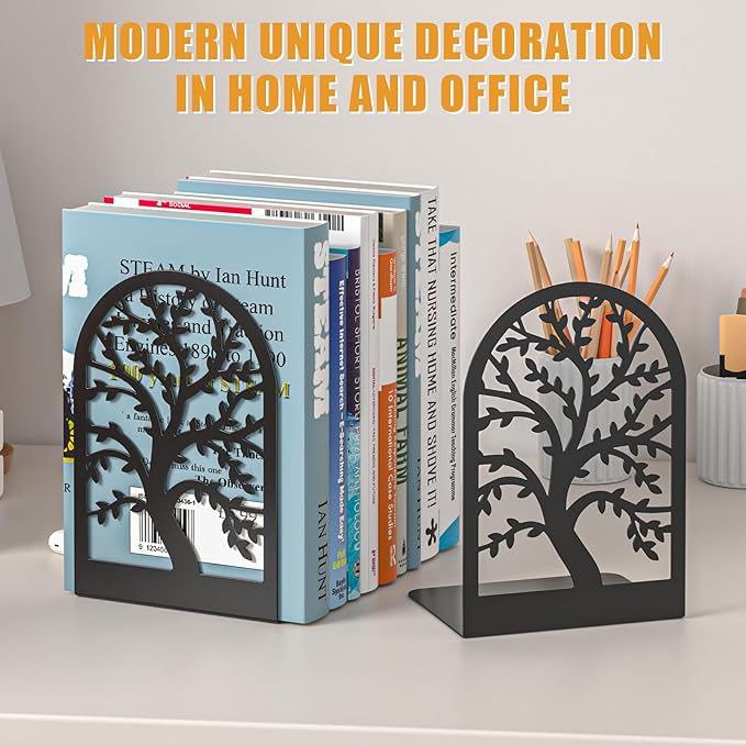 VFINE Bookends 3 Pairs, Decorative Book End, Bookends for Shelves, Book Ends for Shelves, Book Stopper Book Ends to Hold Books, Book Stopper, Unique Black Metal Tree Book Ends for Home School Office