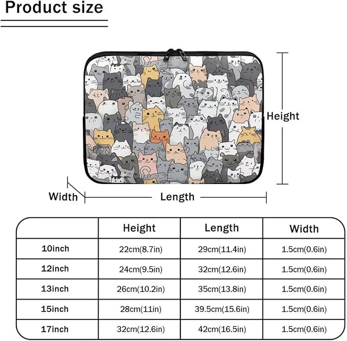 Cartoon Cat Print Laptop Briefcases for Men Women, Cute Laptop Sleeve Case Water Resistant Neoprene Computer Carrying Cover 12 Inch Laptop Carrying Bag