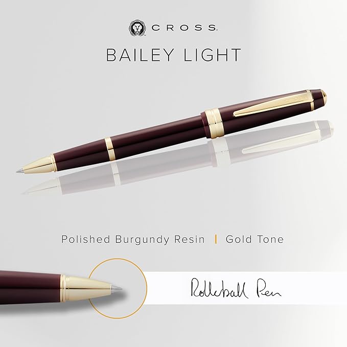 Cross Bailey Light Refillable Rollerball Pen Presented in a Everyday Gift Box - Medium Point, Black Ink, Polished Burgundy