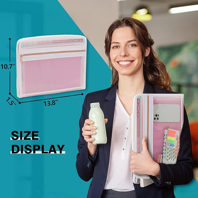 H4D 13 Pocket Expanding File Folder Organizer with Front Clear Pounch, Accordion File Organizer with Zipper Clourse, Fit for Letter Size Papers, Pink