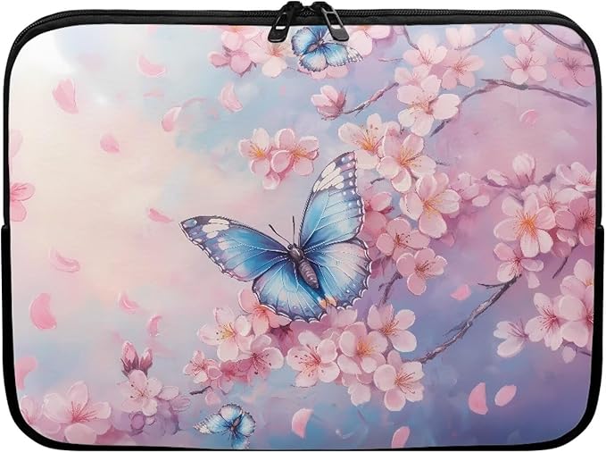 Butterfly Print Laptop Bag for Girls, 15 Inch Peach Blossom Laptop Sleeve Soft Laptop Case Bag for Girls, Waterproof Laptop Briefcase Computer Bag with Zipper