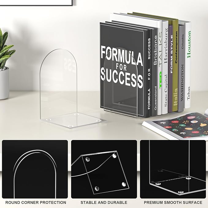 Acrylic Bookends 6 Pieces, Book Ends for Shelves, Clear Bookends for Book Shelves and Desktop Organizer, Transparent Bookends to Hold Books for Home Office Supplies