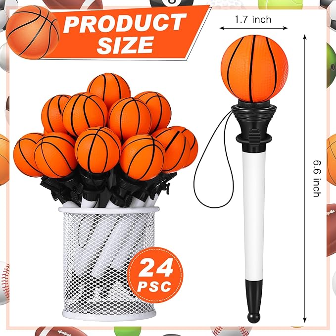 Lincia 24 Pcs Sport Funny Pen Hoop Ballpoint Novelty Bulk Plastic Sports Soccer Basketball Baseball Football Tennis Golf Themed Pen for Birthday Party School Award Party Favor Supplies(Basketball)