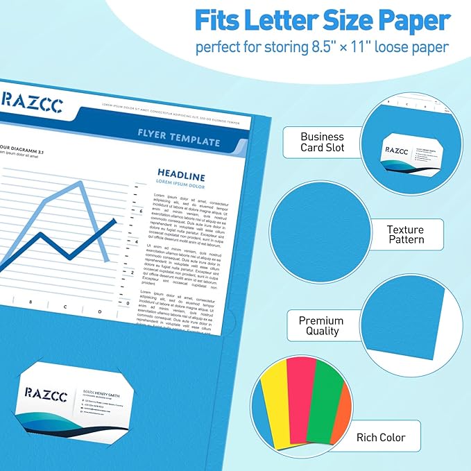 Two Pocket Folders, RAZCC 100 Pack File Folders with Pockets Fit Letter Size Paper, Thick Paper File Folder for School Office Business Home, Assorted 5 Colors