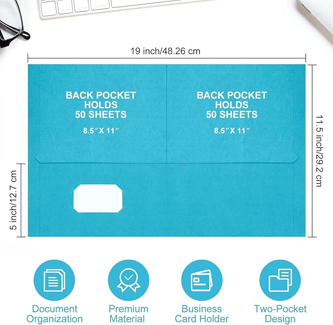 Harloon Lake Blue Two Pocket Portfolio Folders Bulk, 8.5 x 11 Inches Textured Paper with Business Card Slot Letter Size File Folders for Office School Classroom (75 Pack)