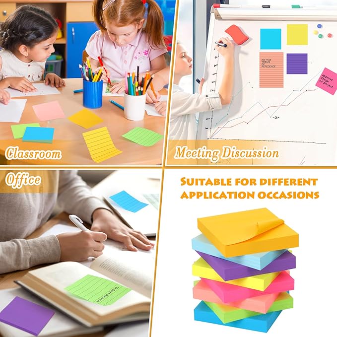 Yexiya 64 Pcs Lined Sticky Notes Self Stick Notes with Lines Bright Assorted Colors Sticky Pad for Home Office Products Post Memos, 1920 Sheets(4 x 6 Inch, 3 x 3 Inch,Stylish Color)