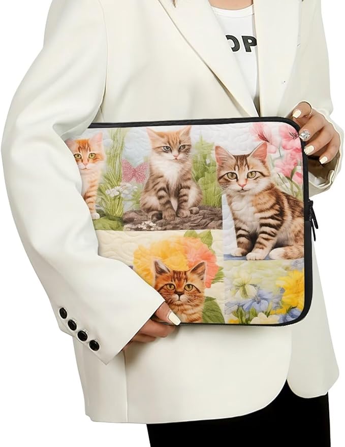 Cat Floral Printed Computer Case Bag for Girls Boys, Washable 13 Inch Laptop Bag Carrying Case Cute Laptop Briefcase Neoprene with Zipper, Compatible with Various Computers