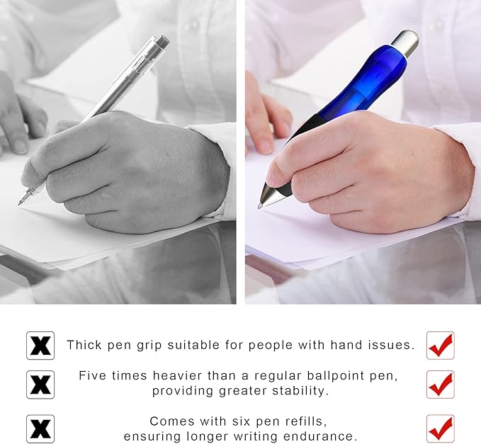 Big Fat Pens (12 Pack) Aids Writing For Tremor, Arthritis, Parkinson, Handicap, Carpal Tunnel Large Wide Grip Pens Retractable Ballpoint Pens (6 Pens + 6 Extra Refills)(Blue)