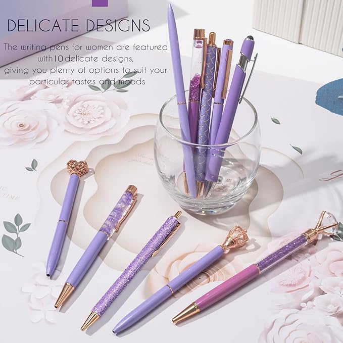 10 Pcs Glitter Ballpoint Pens,Comfortable Writing Pens,Metal Retractable Pretty Journaling cute Pens bulk, Black Ink Medium Point (1.0mm)