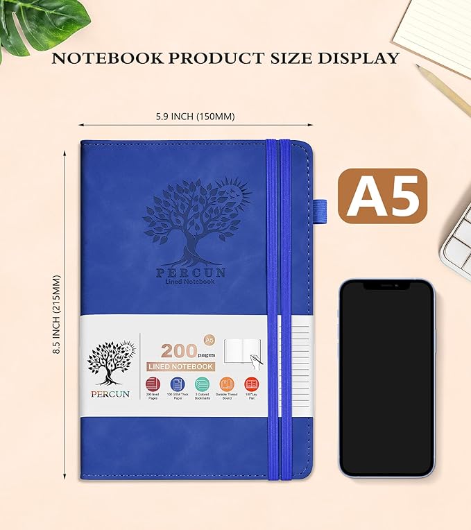 Lined Journal Notebook for Women and Men,Hardcover Leather Journaling Notebook for Writing,Travel,Business,Work and School,200 Pages A5 Notebook for Note Taking,Diary 5.9" × 8.5" - Dark blue