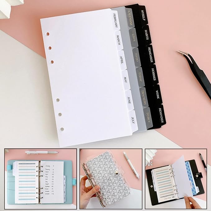 DY.2ten White Dividers for 6 Ring Binder, 6-Tab Sturdy Plastic Dividers, A6 Index Divider, 6 Hole Binder Dividers, Insertable Notebook Planner Tab Dividers for Binders