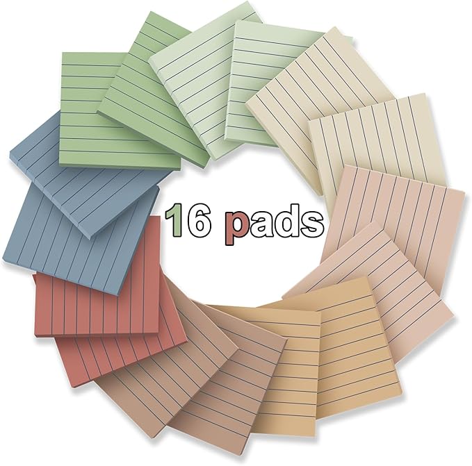 (16 Pack) Lined Sticky Notes 3x3 in Post Ruled Stickies Super Sticking Power Memo Pads Vintage Colors