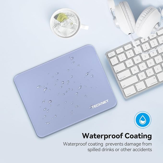 TECKNET Mouse Pad 270 x 210 x 3 mm with Anti-fray Stitchin, Waterproof Surface & Non-Slip Rubber Base with Stitched Edges Gaming Mouse Mat for Laptop,Compatible with Laser and Optical Mice - LT.Blue
