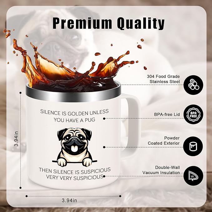 Lifecapido Pug Gifts for Pug Lovers, Silence is Golden Unless You Have A Pug 14 oz Coffee Mug, Dog Lover Gifts, Dog Mom Gifts, Birthday Christmas Gifts for Pug Lovers, Pet Lovers, White