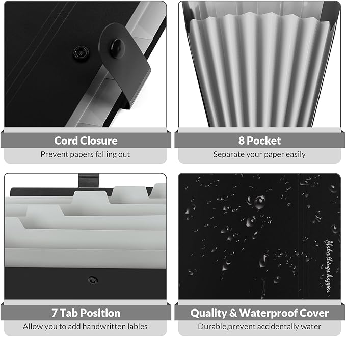 SKYDUE 8 Pockets Expanding File Folders, Accordion Folders, Portable Paper Bill Receipt Organizer, Letter Size, Home College School Office Supplies, Black