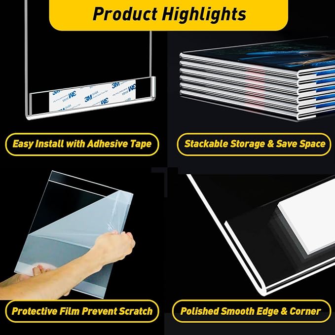 10 Pcs Acrylic Sign Holder 11 x 8.5, Horizontal Wall Mount Sign Holders with 3M Adhesive, Clear Plastic Frames Paper Display Sign Holders for Office, Home, Store, Restaurant - No Drilling