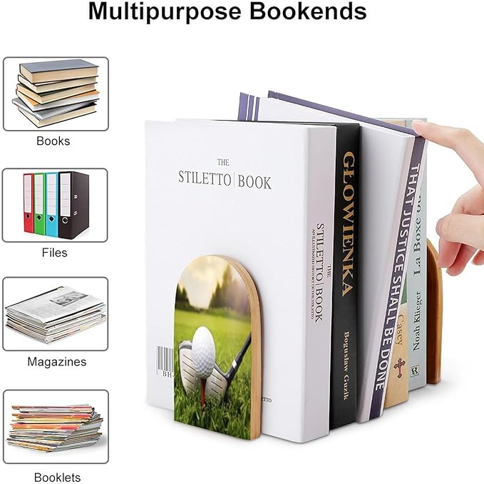 2 Pack Wood Bookends, Sport Golf in Grass Non-Skid Book Ends for Heave Books, Decorative Bookends for Shelves Desk, Book Stoppers Book Holders for Home Office Library School