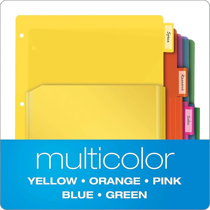 Oxford Expanding Plastic Binder Dividers, Works with 3 Ring Binder, Flexible Front Pockets Expand, 5 Tab, Durable Plastic, Insertable Multicolor Tabs, Letter Size, 3 Sets (89604)