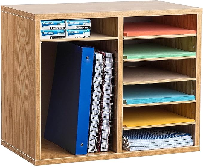 AdirOffice Wooden Adjustable organizerserature Organizer, 12 Compartment Office Mailbox, or Classroom Literature Organizer, Medium Oak