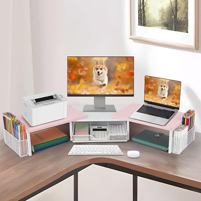 Desk Dual Monitor Stand Riser - Desk Organizer with Drawer and Pen Holders, Office Desk Accessories & Workspace Organization, Computer Monitor Stand for Laptop, Printer(Pink& White)