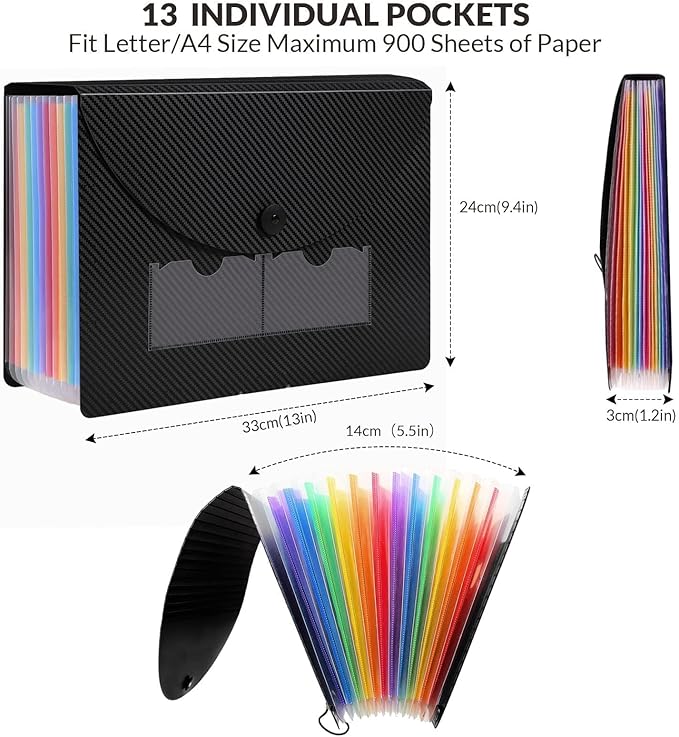 SKYDUE Accordion File Organizer, 12 Pockets File Folders, Letter Size Expanding File Folder with Colored Tabs and Expandable Cover, Portable Bill Receipt Organizer Black