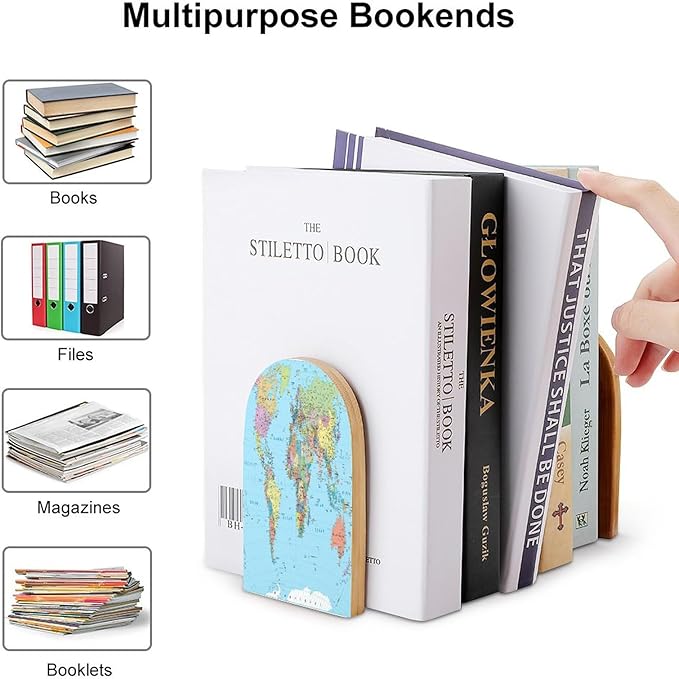 2 Pack Wood Bookends, World Map Blue Non-Skid Book Ends for Heave Books, Decorative Bookends for Shelves Desk, Book Stoppers Book Holders for Home Office Library School