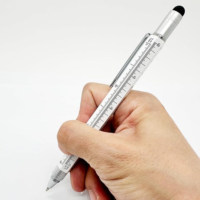 HeTaoCat Gifts Multi Tech Tool Pen 6 in 1 Stylus Pen - Screwdriver Pen with Ruler, Levelgauge, Ballpoint Pen Black ink (White)