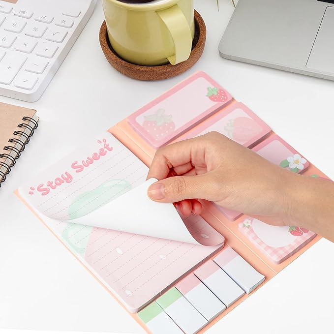 Life is Berry Sweet Sticky Notes Set, 550 Sheets, Strawberry Pattern Self-Stick Notes Pads Summer Fruit Divider Tabs Bundle Writing Memo Pads Back to School Office Supplies Small Gift