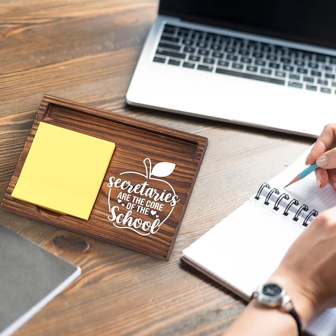 School Secretary Gifts Sticky Note Holder Wooden, Thank You Appreciation Gift for Secretary School Receptionist Assistant Front Office Crew, School Office Decor Desk Self-Stick Note Pad Holders TZP12