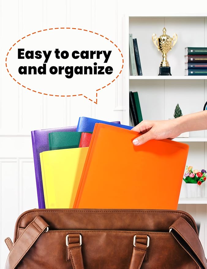 SUNEE 3-Prong Plastic Folders with Pockets (6 Pack, Assorted Colors) 2 Pocket Folders with Fasteners, Tear-Resistant Plastic Pockets, and Fit Letter Size Paper, Use for School Office Home Business