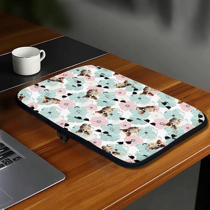 Corgi Dog Printed Computer Bags for Laptops for Women Men, Shockproof 10 Inch Laptop Case Bag Floral Print Messenger Bag with Zipper, Laptop Case Computer Carrying Cover Easy to Carry