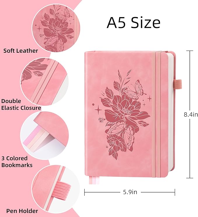 Lined Journal Notebook 365 Pages, A5 Leather Journals for Writing Women & Men, Hardcover Notebook with 100GSM Thick Paper, Daily Journal Notebook for Travel, Work, School, Note Taking, College Ruled