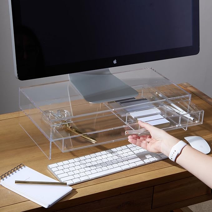 russell+hazel Acrylic Monitor Stand with Drawer, 20” x 10” x 5.25”, Desktop Organization, Clear, Hold up to 10 lbs., 98149
