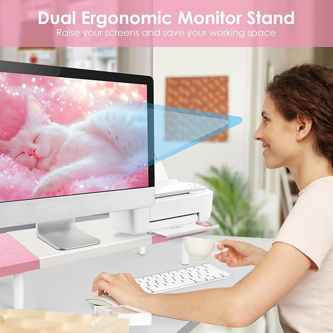 Dual-Monitor-Stand-Riser-For-Desk Adjustable Length 32-40 Inch,Large Desktop Computer Monitor Riser For 2 Screens,Desk Shelf Organizer Riser Stand For Computer/Laptop/PC/Printer/TV