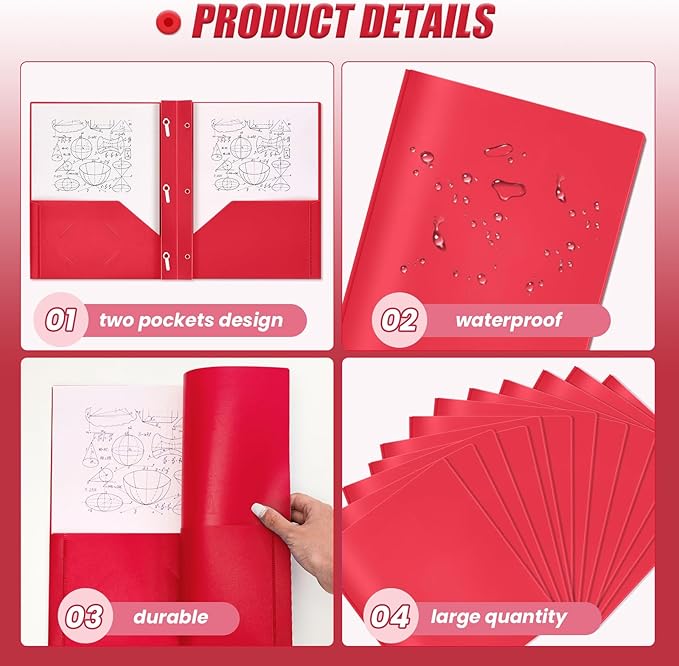 Lincia 100 Pcs Plastic Folders with Pockets and Prong Folders with Prongs Plastic Folders with 2 Pockets Pocket Folders for Office, School for Students, Teachers, Office Workers (Red)