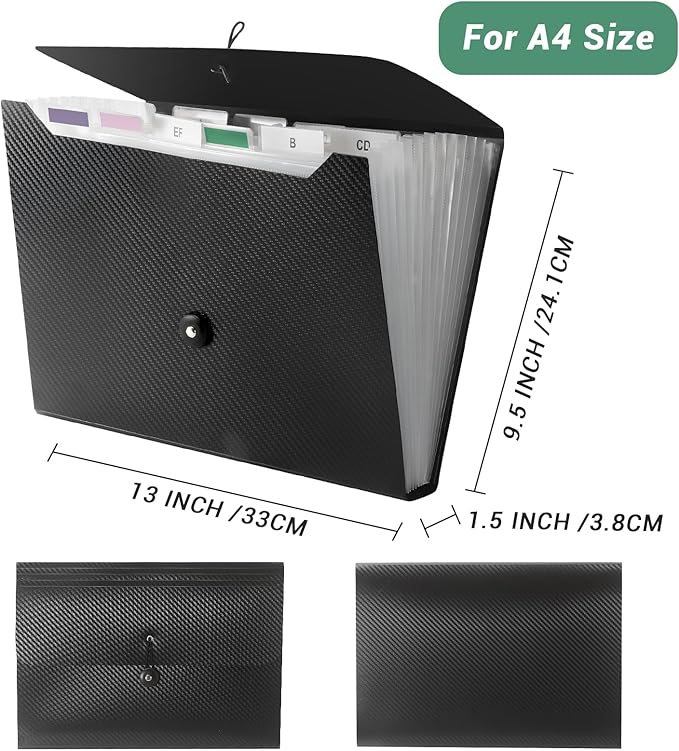 2 PCS Expanding File Folder A4,13 Pockets File Organiser with Colored Tags, Paperwork A4 Plastic Wallet Document Storage Expander for School,Office and Home, Black