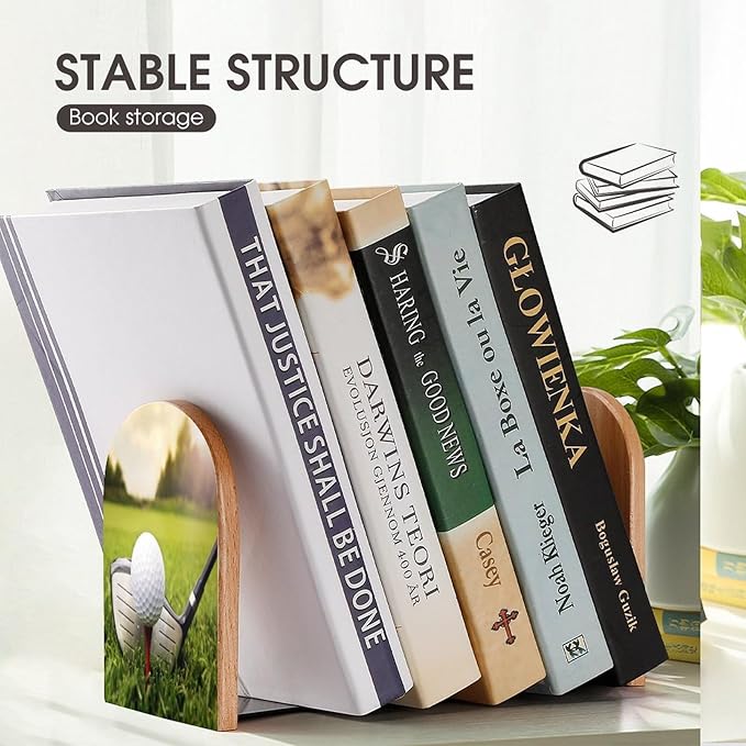 2 Pack Wood Bookends, Sport Golf in Grass Non-Skid Book Ends for Heave Books, Decorative Bookends for Shelves Desk, Book Stoppers Book Holders for Home Office Library School