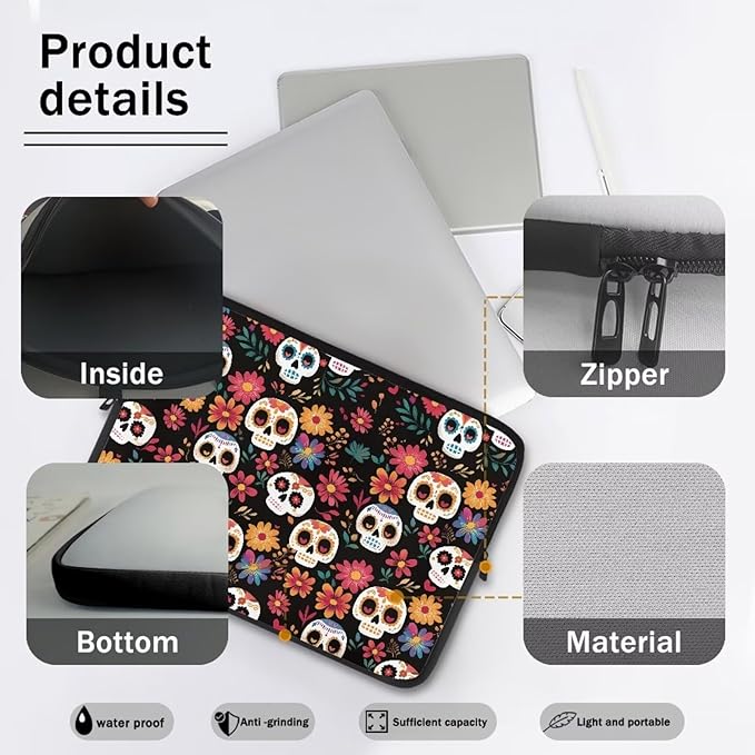 Skull Printed Computer Carrying Cover with Floral Print Laptop Case Bag Easy to Carry Computer Bag, 12 Inch Lightweight Laptop Briefcase Messenger Bag for Women