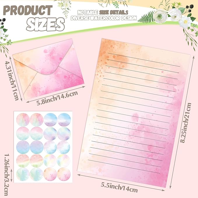 TaoBary 160 Packs Stationery Paper Set (50 Double Sided Stationery Writing Papers 50 Matching Envelopes) 60 Round Dot Sticker, 10 Design(Watercolor,8.5 x 11 Inch)