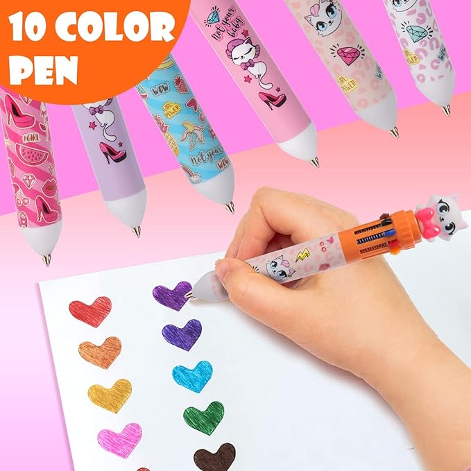 Multicolor Ballpoint Pen 0.7 mm, 10-in-1 Colored Pens Fine Point Retractable Cute Cartoon Cat Ballpoint Pens for Office School Students Kids Christmas Gift, 6 Pack