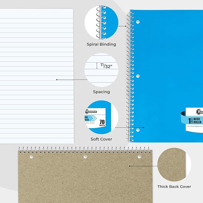 1 Subject Notebook Wide Ruled, 6 Pack, 70 Sheets (140 Pages), 8 x 10-1/2, 3 Hole Punched Notebooks, Thick No-Bleed Paper, Sturdy Back, Wide Ruled Notebook for School & Office, Assorted Colors