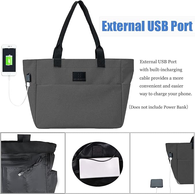 Tote Bag for Women Large Work Bags Laptop 15.6-17 Inch Handbag Purse Book Bag with Zipper for Nurse Teacher School, Blackgrey
