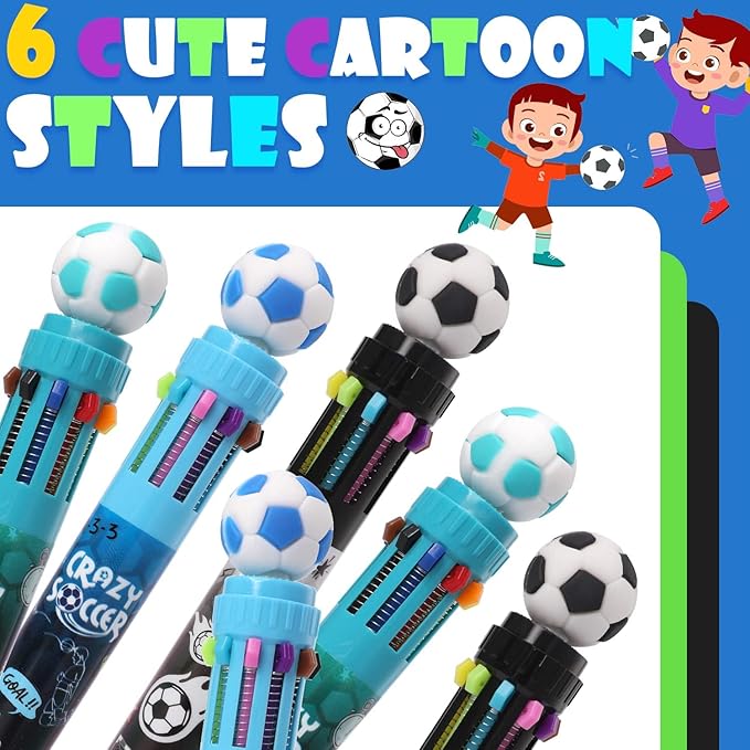 Multicolor Ballpoint Pen 0.7 mm, 10-in-1 Colored Pens Fine Point Retractable World Cup Soccer Ballpoint Pens for Office School Students Kids Christmas Gift, 6 Pack