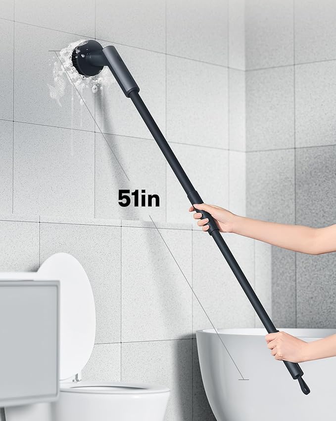 HOTO Electric Spin Scrubber, IPX7 Full Body Waterproof Bathroom Shower Cleaning Brush, Shower Scrubber Brush with Long Handle, 6 Brush Heads, Power Scrubber for Shower, Bathroom, Floor, Tile