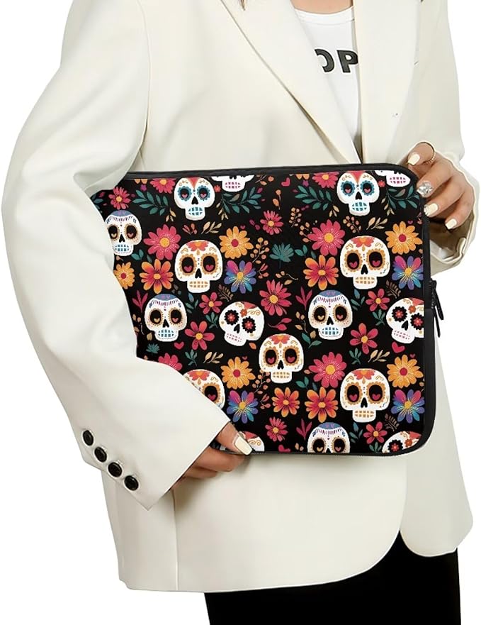 Skull Printed Computer Carrying Cover with Floral Print Laptop Case Bag Easy to Carry Computer Bag, 12 Inch Lightweight Laptop Briefcase Messenger Bag for Women