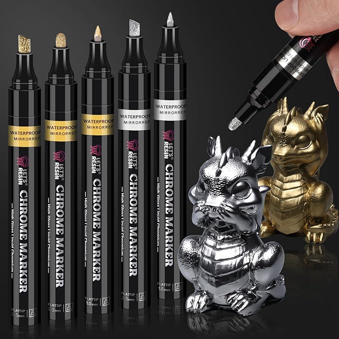LET'S RESIN 6Pcs Mirror Chrome Markers,3 Sizes Shiny Chrome Paint Pen with Large Barrel, Quick Dry Oil-based Silver & Gold Markers for Metal, Resin, Model Painting, Marking or DIY Art(1-5mm