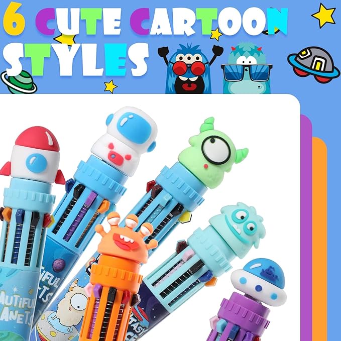 Multicolor Ballpoint Pen 0.7 mm, 10-in-1 Colored Pens Fine Point Retractable Cartoon Space Ballpoint Pens for Office School Students Kids Christmas Gift, 6 Pack
