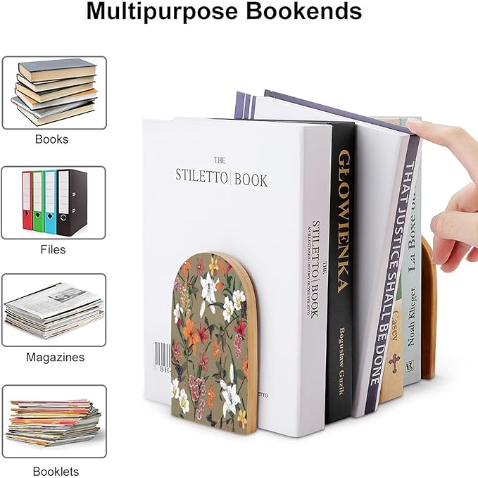 2 Pack Wood Bookends, Spring Floral Flowers Butterfly Non-Skid Book Ends for Heave Books, Decorative Bookends for Shelves Desk, Book Stoppers Book Holders for Home Office Library School